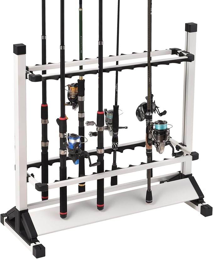 Fishing Rod Holders,Fishing Pole Holders,Fishing Rod Rack,24 Slots to Hold Rods & Reel Combo,Lightweight Aluminum Vertical Fish Pole Garage Storage with Wheels (White)