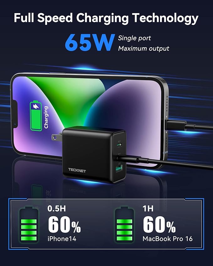 TECKNET USB C Fast Charger Block 65W PD 3.0 GaN Wall Charger,3-Port Foldable Travel Adapter for iPhone 16 Pro Max/16 Pro/16 Plus/16/15/Galaxy S24/S25/MacBook Pro/Switch and More Series(Black)