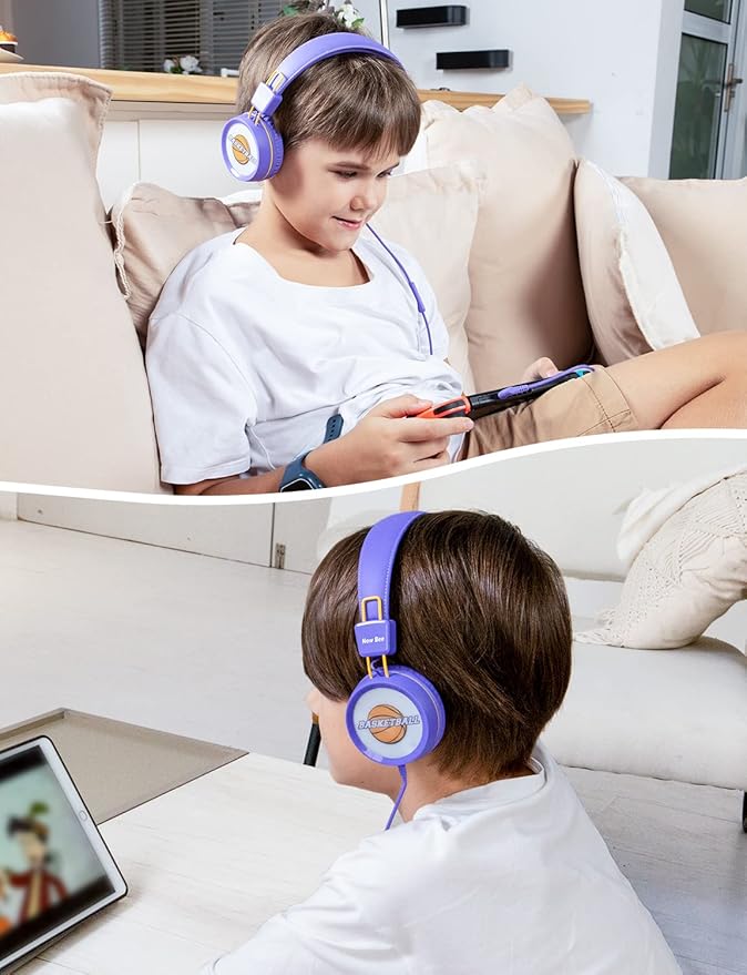 New bee Kids Headphones for School with Microphone KH20 HD Stereo Safe Volume Limited 85dB/94dB Foldable Lightweight On-Ear Headphone for PC/Mac/Android/Kindle/Tablet/Pad (Purple)