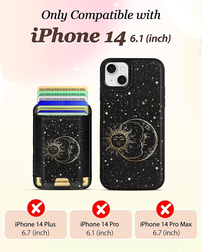 Shorogyt for iPhone 14 Wallet Case - Fits 5 Cards, Compatible with Magsafe Detachable Magnetic Credit Card Holder Leather Cardholder Cute Phone Cover Women Girls for Apple 14, Sun Moon