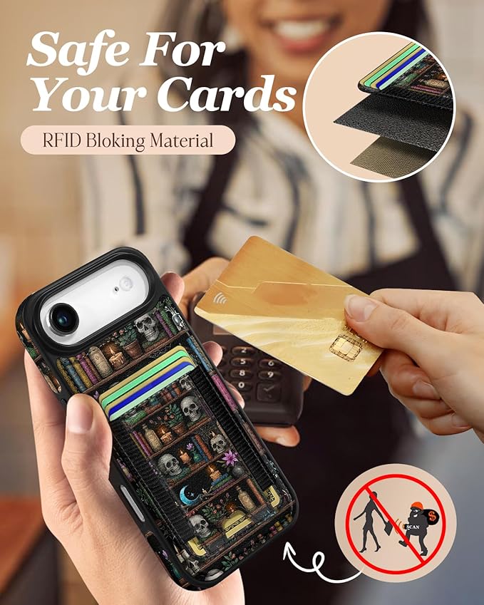 Shorogyt for iPhone Air Wallet Case - Fits 5 Cards, Compatible with Magsafe Detachable Magnetic Credit Card Holder Leather Cardholder Cute Phone Cover Women Girls for Apple 17 Air, Bookshelf
