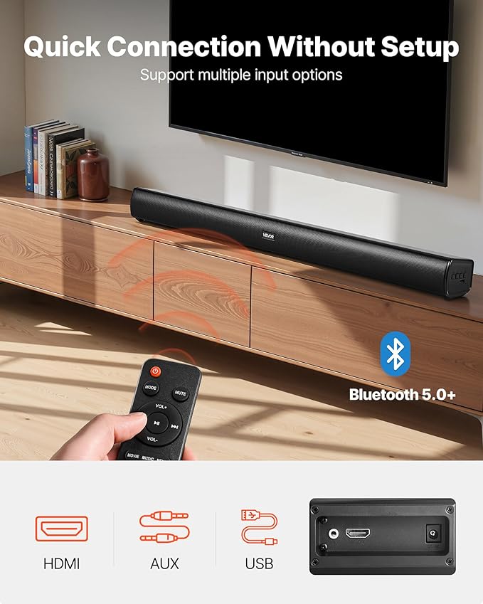 VEVOR Sound Bar for Smart TV, 2.1 Channel, 35-Inch Compact Soundbar TV Speakers with Built-in Subwoofer for Projector, Bluetooth AUX Connection, Easy Setup, 120W Surround Sound System for Home Audio