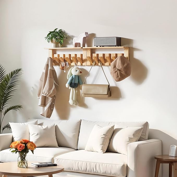 YMYNY Coat Rack Wall Mount with Shelf, 2 Pack Wall Shelf with Retractable Hooks, Wooden Wall Coat Rack for Entryway, Bedroom for Hanging Clothes/Coats/Keys/Hats/Towels/Bags, Natural, HWS008N-2