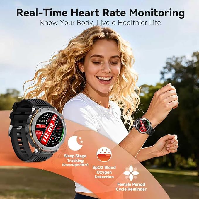 Military Smart Watches for Men, 1.7" Hd Fitness Tracker Ith Multiple Sports Modes, 600mah Battery for Android iOS, Ip68 Waterproof/Spo2 Monitor/Flashlight/Message Alerts