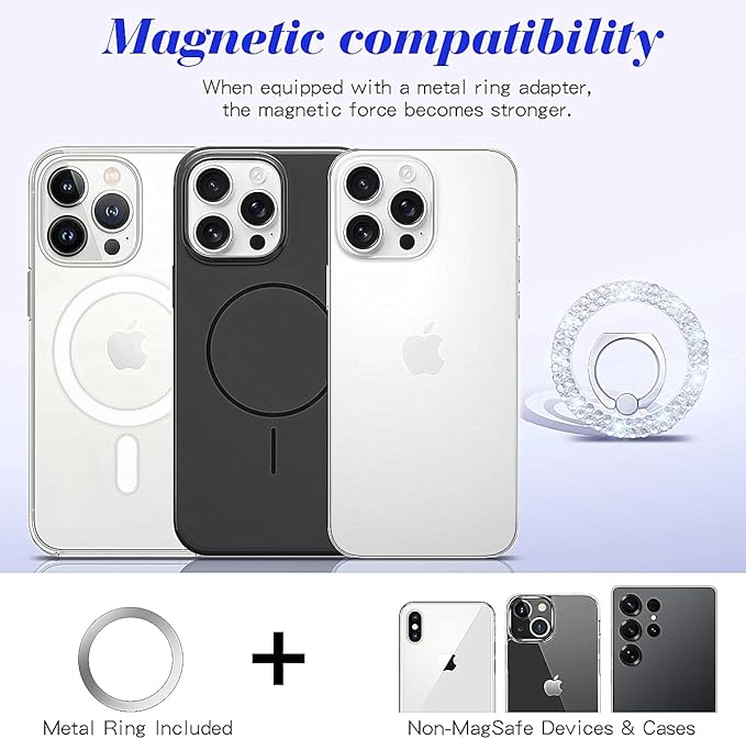 Bling Magnetic Phone Ring Holder for Mag-Safe, Glitter Magnet Cell Phone Grip Stand Sparkle Finger Ring Magnetic Compatible with iPhone 16 Pro Max 15 14 13 12 Mag-Safe Accessories（White）
