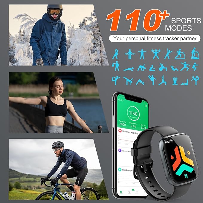 Smart Watch for Men Women(Answer/Make Calls), 1.95" HD Touch Screen Fitness Watch with Sleep Heart Rate Monitor, 110+ Sports Modes, IP68 Activity Trackers Compatible with Android iOS (Black)