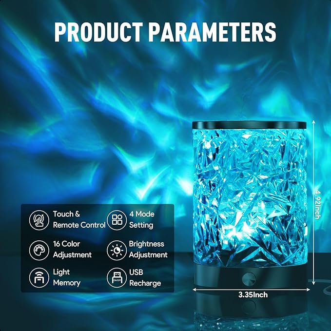 Ocean Wave Crystal Table Lamp Touch Control, RGB Color Changing Night Light with Remote, Dimmable Cool Water Lights for Bedroom, Living Room Wall Decor, Ambient Lighting for Dinner/Bars/Game room