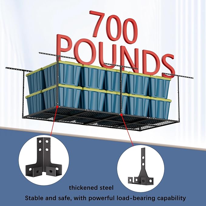 4 x 8 FT Overhead Garage Storage Rack, Adjustable Ceiling Storage Racks, Garage Shelving Heavy-duty Storage Organizer System, Load 700LBS Weight(Black)