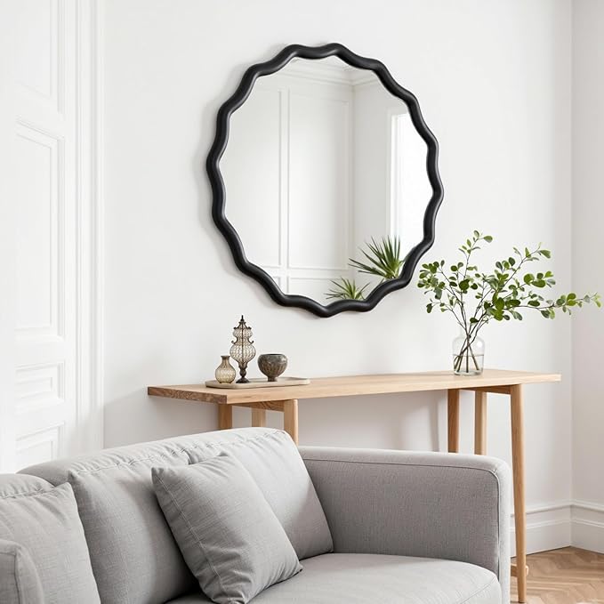 Circle Scalloped Mirror for Wall,32" Round Wavy Wooden Frame Vanity Mirror Hanging for Bedroom, Living Room, Hallway, Entryway, Home Decor Black