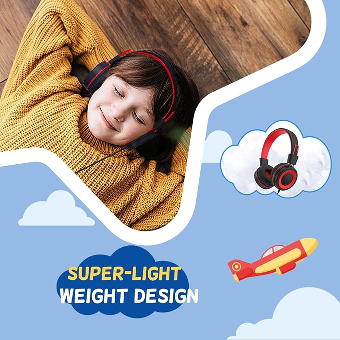 USB Type C Kids Headphones for School, Wired Toddler Headphones, 94dB Volume Limited, HD Stereo Sound, Foldable Lightweight On-Ear Wired Headphones for Kids/Children/Teens/Boys (Red Black)