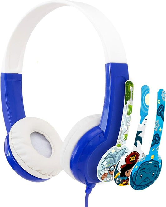 BuddyPhones Discover, Volume-Limiting Kids Headphones, Comfortable and Durable, Built-in Audio Sharing Cable, Compatible with Fire, iPad, iPhone, and Android Devices, Blue