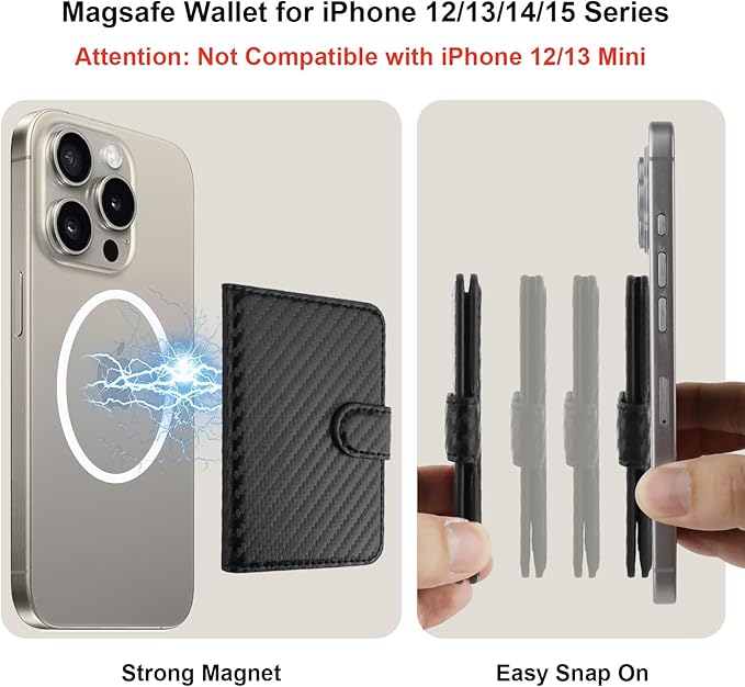 Bocasal for MagSafe Wallet Magnetic Card Holder, RFID Blocking Leather Card Slots for iPhone 17/16/15/14/13/12 Pro/Max/Plus/Air, Adjustable Kickstand Flip Mag Safe Wallet (Carbon Filber Black)