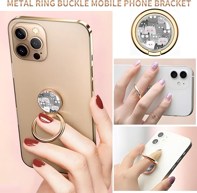 Cell Phone Ring Holder, Cute Metal Phone Grip Stand Finger Ring Kickstand, Flexible 360°Rotation Phone Tablet Case Accessories Compatible with Most Phones Grey Cute Cats