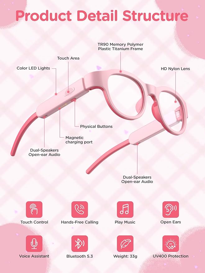 Kids Smart Glasses: UV400 Blue Light Glasses - Built-in Mic & Open Ear Bluetooth Speakers - 7-color RGB Light Strip - Voice & Touch Control - Works with iOS/Android for Kids 6-12 Gifts
