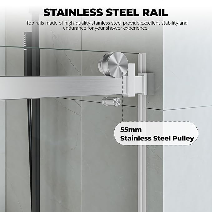 Glass Shower Door 56–60 Inch W x 76 Inch H, Frameless Sliding Shower Enclosure with Fixed Panel, 8mm Coated Tempered Safety Glass, Square Stainless Steel Rail, Brushed Nickel