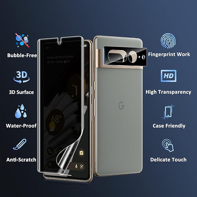 2 Pack for Google Pixel 7 Pro Privacy Screen Protector [Not Glass], 2 Pack Lens Protectors, Fingerprint Compatible, Anti Spy, Privacy Screen Protector for Pixel 7 Pro 5G