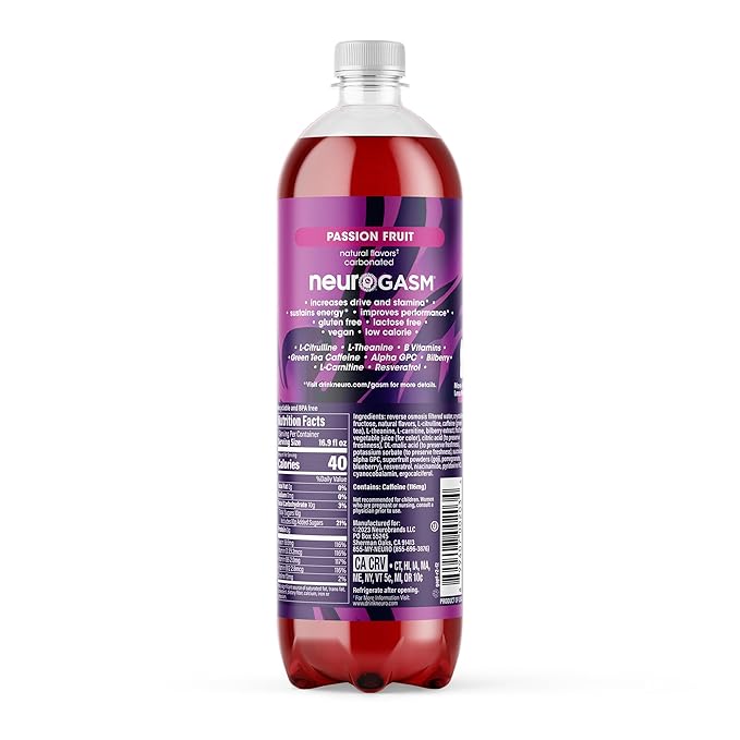 neuroGASM | Passion Fruit | Functional Beverage for Increased Stamina, Lightly Carbonated, Low Sugar; 16.9 Fl Oz (Pack of 12)