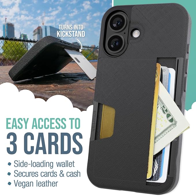 Smartish® iPhone 16 Wallet Case - Wallet Slayer Vol. 2 [Slim + Protective] Credit Card Holder w/Kickstand - Drop Tested Hidden Card Slot Cover Compatible w/Apple iPhone 16 - Black Tie Affair