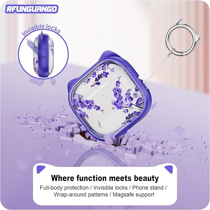 RFUNGUANGO AirPods 4 Case for Women Girly Cat Case with Lock, Phone Stand, Keychain & Cleaner Kit, Compatible with Apple Airpods 4th Generation Case Cover, Wisteria