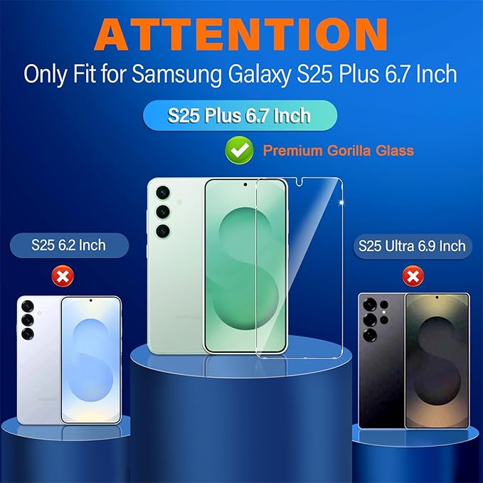 3 Pack for Samsung Galaxy S25 Plus Screen Protector Tempered Glass + 3 Pack Camera Lens Protector, Military Grade Shatterproof, 9H Hardness, Fingerprint Unlock, Case Friendly 6.7 Inch