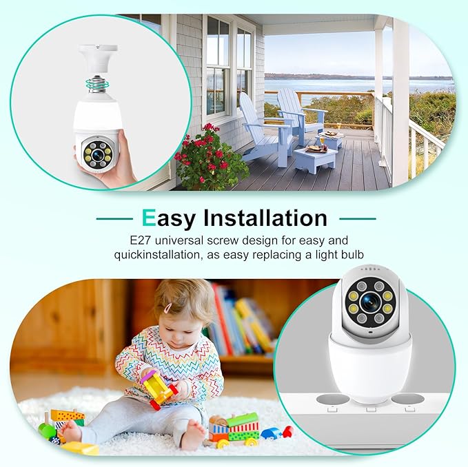 52HZ 2K Light Bulb Security Camera, 2.4GHZ WiFi Lightbulb Security Cameras Wireless Outdoor Indoor, Two-Way Talk, Human Detection, Color Night Vision, Light Socket Security Camera Work with Alexa