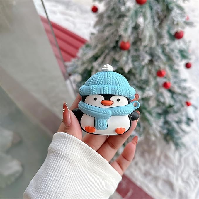 Wireless Charging Earphone Case Compatible with Airpods Pro/Pro2, Cute Christmas Animal Hat Penguin Design Soft Silicone Full Body Protective Skin Cover, Kids Girls Women Cartoon Earbuds Accessories