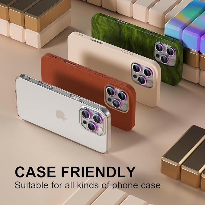 Misea Compatible for iPhone 16 Pro/iPhone 16 Pro Max Camera Lens Protector Bling, 9H Tempered Glass Camera Cover Screen Protector Metal Individual Ring Protector Accessories, Colorful Diamond
