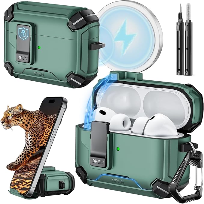 Inesore for AirPods Pro 3 Case (2025) with Phone Stand & Cleaning Kit,Compatible with Magsafe,Magnetic Automatic Lock Cover for AirPods Pro 3rd Generation，Light Green