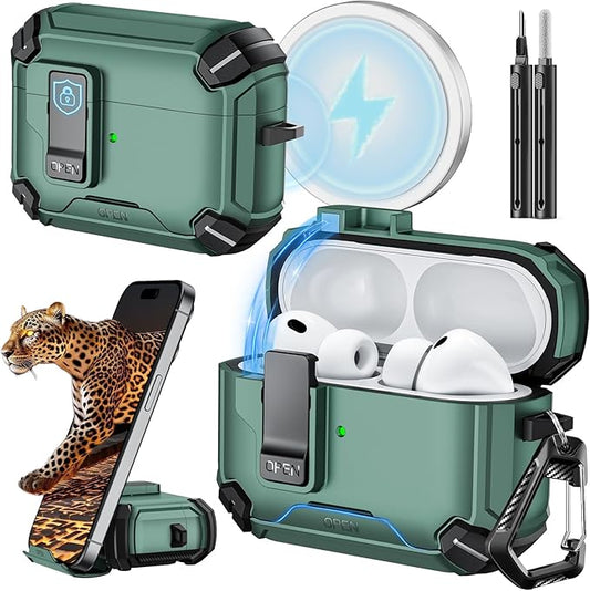 Inesore for AirPods Pro 3 Case (2025) with Phone Stand & Cleaning Kit,Compatible with Magsafe,Magnetic Automatic Lock Cover for AirPods Pro 3rd Generation，Light Green