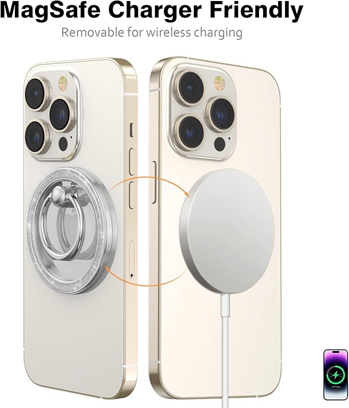 Allengel Magnetic Phone Grip for MagSafe, Magnetic Ring Holder Compatible with MagSafe Phone Ring, 360°Rotating Finger Kickstand for iPhone 16 Pro Max 15 14 13 12 Plus & Android Phone(Bling Silver)