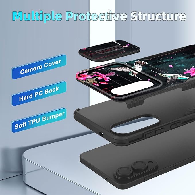 for Galaxy S25 Edge Case Built in Slide Camera Lens Cover,Heavy Duty Shockproof Protection Dual Layer Case for Samsung Galaxy S25 Edge 2025,Flower Hummingbird