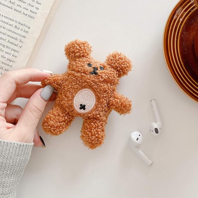 Yatchen Plush Case Compatible with AirPods 1&2, Cute 3D Cartoon Fur Bear Design Funny Cover with Keychain Protective Case