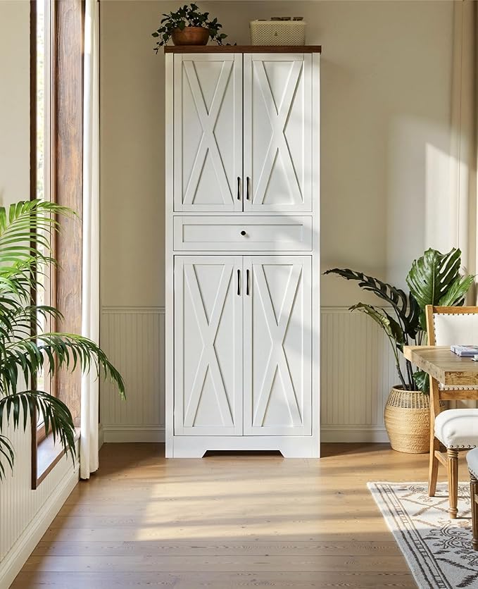 Lyromix 68'' Farmhouse Kitchen Pantry Cabinet with Adjustable Shelves, Tall Storage Cabinet with Barn Doors, Freestanding Versatile Cupboard for Dining Room, White+Walnut