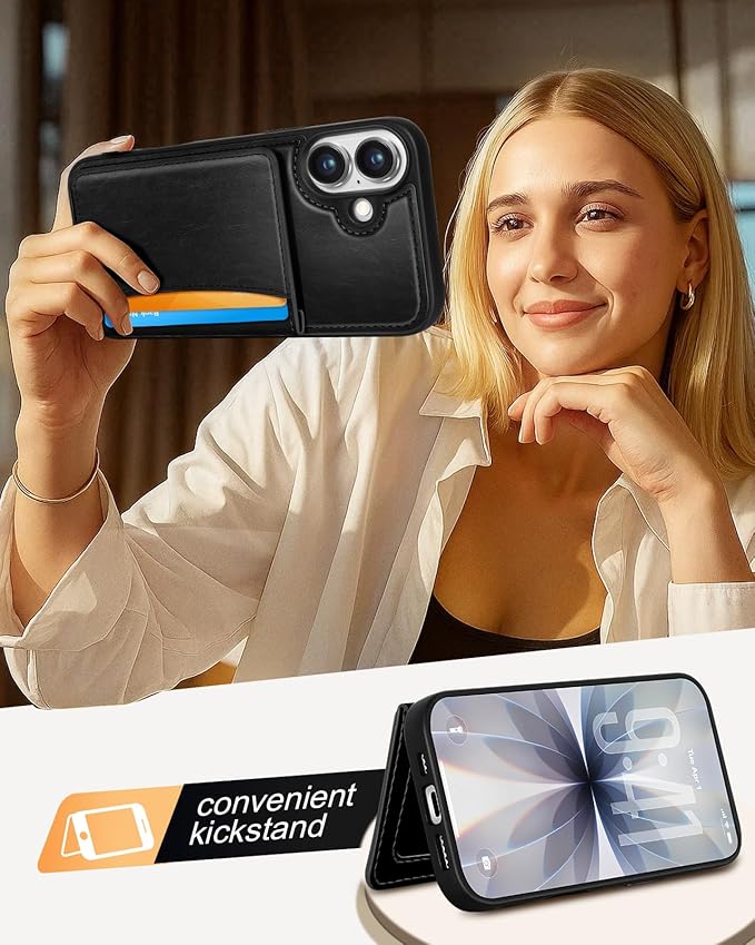 for iPhone 17 Case with Wallet - Fits 4 Card Slots, Compatible with MagSafe for Women Men Durable PU Leather Credit Card Holder Kickstand Phone Cover for Apple 17, Black