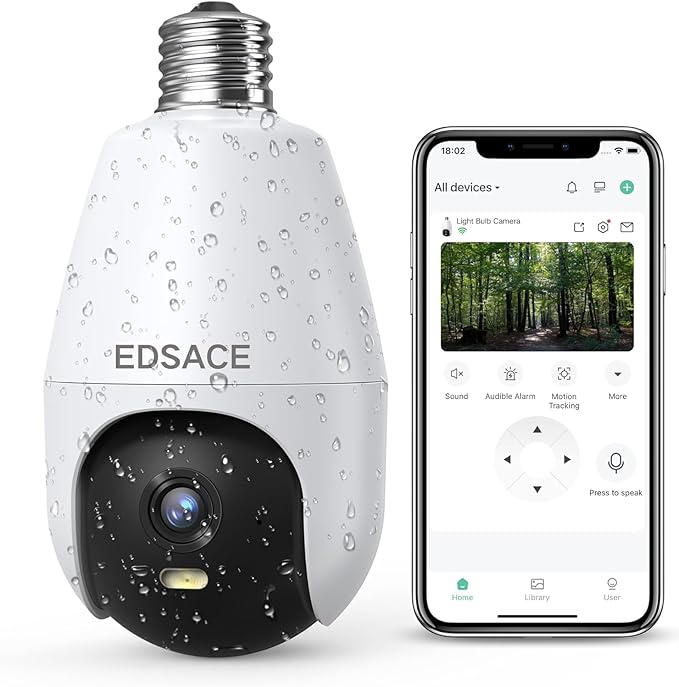 2K HD WiFi Light Socket Security Camera, 5G/2.4G Dual Band, Weatherproof, Auto Tracking, Full Color Outdoor Home Security Light Bulb Camera