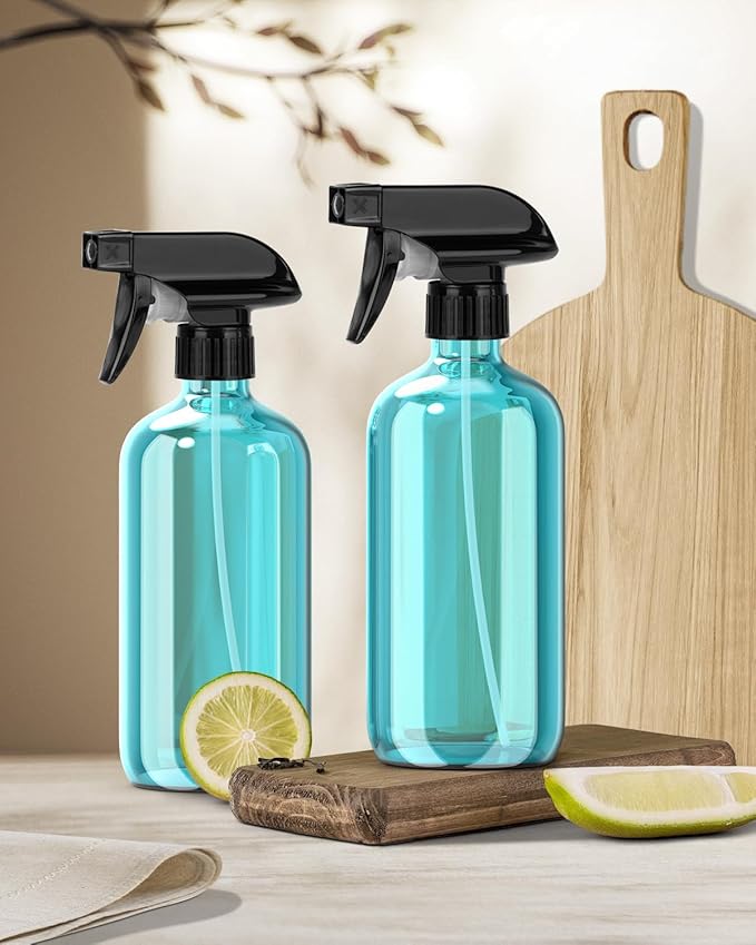 Glass Spray Bottle, Light Blue Glass Spray Bottle Set & Accessories Refillable for Plants Window Cleaners Aromatherapy Facial hydration Watering Flowers Hair Care (2 Pack/16oz) (Light Blue)