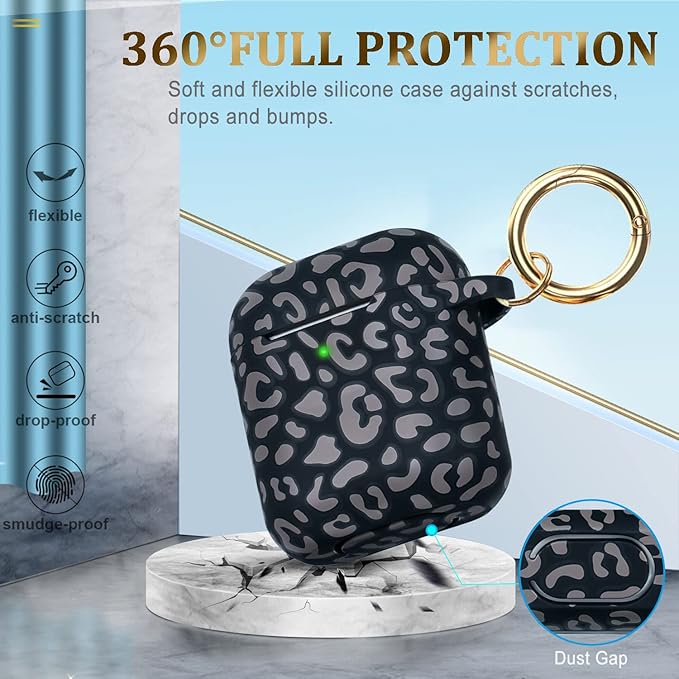 Leopard Silicone Case Cover Compatible with Airpods Case, Gawnock Soft Case Flexible Compatible with Airpods 2nd/1st Generation Print Cover for Women Girls with Keychain - Gray Leopard Cheetah