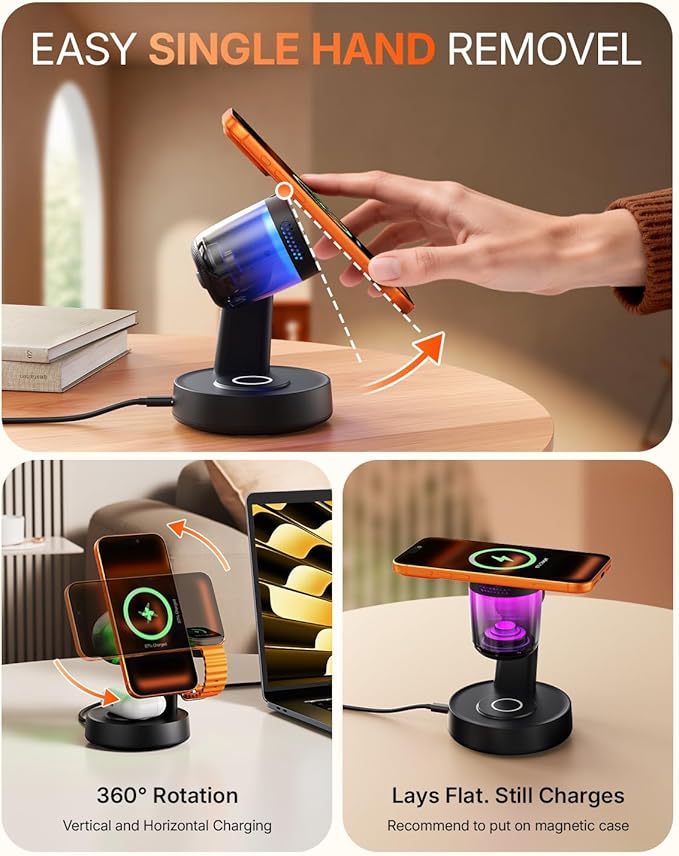 Qi2.2 25W Fast Wireless Charger Design for MagSafe Charger for iPhone 17/16/S26 Ultra, 3 in 1 Magnetic Charging Station with Bluetooth Speaker & Light, Watch Charger Stand for Apple Watch, for Buds