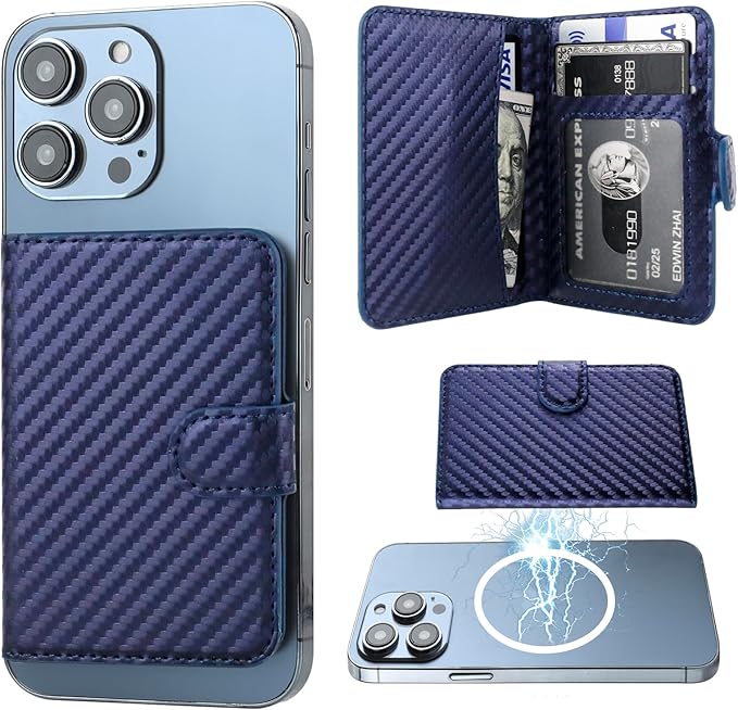 Bocasal for MagSafe Wallet Magnetic Card Holder, RFID Blocking Leather Card Slots for iPhone 17/16/15/14/13/12 Pro/Max/Plus/Air, Adjustable Kickstand Flip Mag Safe Wallet (Carbon Filber Blue)