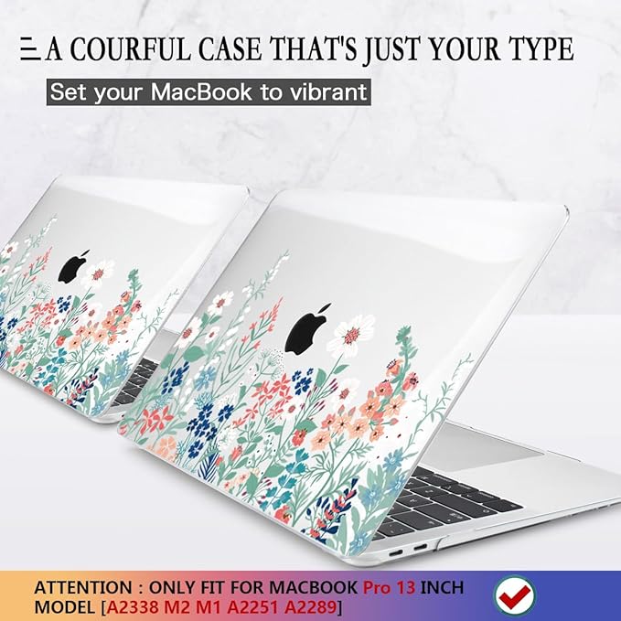 CISSOOK Compatible with MacBook Pro 13 inch Case M2 2025-2020 Model M1 M2 A2338 A2289 A2251, Protective Hard Case Floral Cover with Keyboard Cover for MacBook Pro 13 - Green Wildflowers