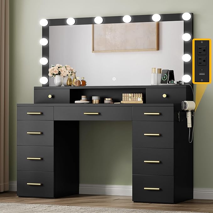 YITAHOME Large Vanity Desk with Mirror and Lights, Big Makeup Vanity with Power Outlets & 11 Drawers, 3 Lighting Modes Adjustable Bedroom Dressing Table for Bedroom, Dressing Room, Black