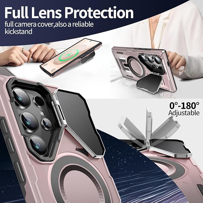 Camera Stand Case for Galaxy S25 Ultra, [Compatible with Mag Safe][Lens Cover] 2024 Version Military Grade Protective Soft Case for Samsung Galaxy S25 Ultra 6.86" Men Women, Pink