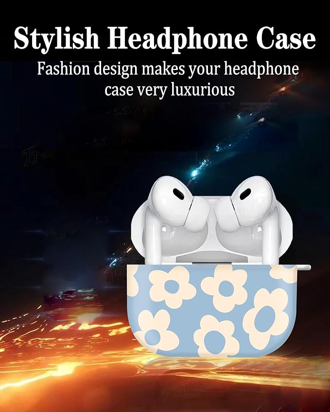 Compatible with Airpod pro 2nd/1st Generation Case Cover with Gold Round Keychain Cute Pattern Hard & Anti Slip Cover for Men Women & Girls(Blue Flower)
