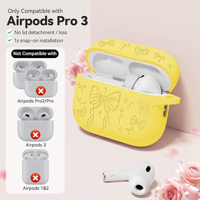 for Airpods Pro 3 Case Cover, Joremx Cute Bow Engraved Silicone Protective Case Cover with Keychain, Cleaner Kit for Airpods Pro 3rd Generation (2025) (Yellow)