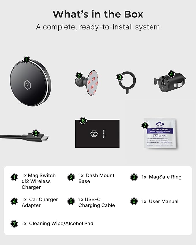 Mag Switch Qi2 Wireless Car Charger Small Dash Mount, 15W Fast Charger with Built in on/off Switch for smarter charging, Strong N52 Magnets, Compatible with iPhone 14/15/16/17, Iphone Air