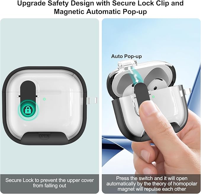 for Airpods 4 Case Clear,Secure Lock for Airpods 4th Generation Case Cover with Phone Stand and Magsafe Function,Auto Pop-up,Hybrid Protection Design with Carabiner&Cleaning Pen-Black