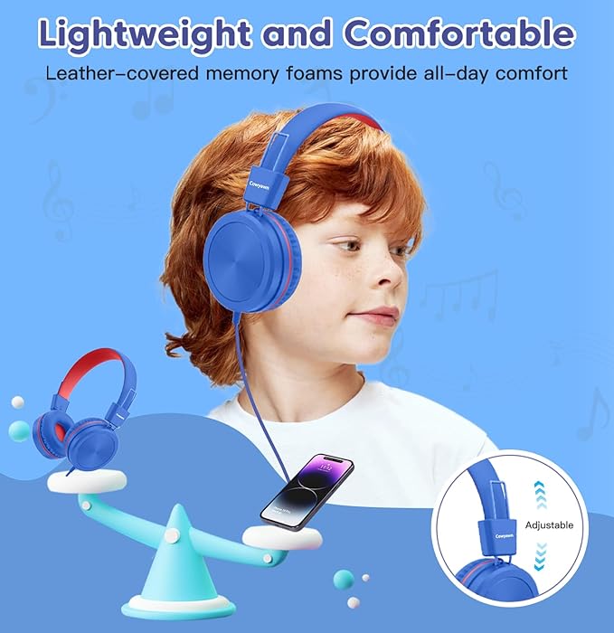 Kids Headphones, Toddler Headphones with Safe Volume Limiter 94dB, Wired School Headphones for Kid, 3.5mm Adjustable On-Ear Headphone for Boys/Girls/Children/Teens/iPad/Computer, Navy Red