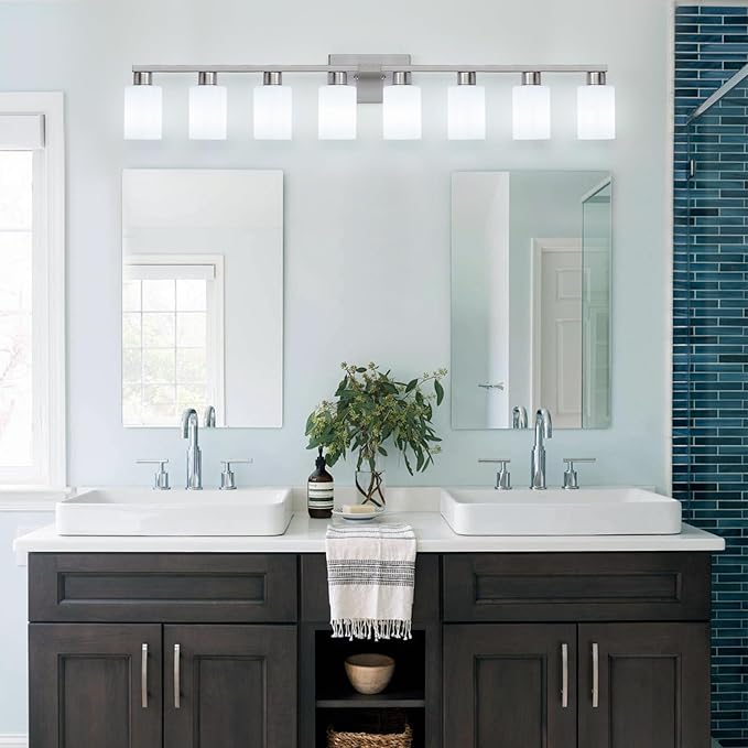 8 Light Bathroom Vanity Light, Brushed Nickel Bathroom Light Fixtures Over Mirror with Milky White Frosted Glass Shades, E26 Socket Modern Vanity Lights Wall Sconce for Bathroom Living Room Bedroom