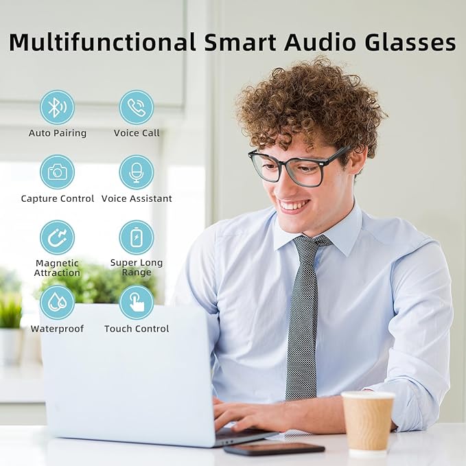 Smart Glasses - Open Ear Anti-Blue Light Bluetooth Audio Glasses for Men Women, Night Vision & UV Polarized Magnetic Lenses, Voice Assistant, Bluetooth Sunglasses for Working/Driving/Relaxing