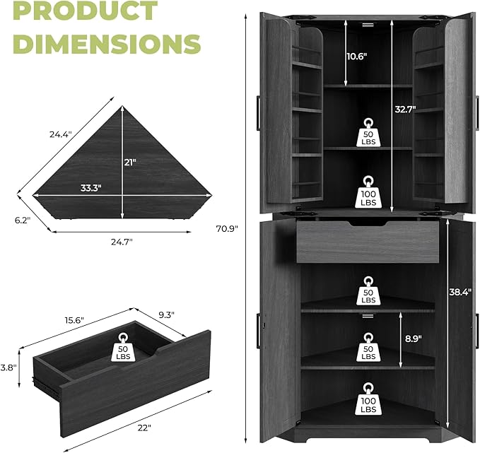 Dripex 71" Corner Cabinet Black, Farmhouse Kitchen Pantry Cabinet with Doors Storage & Adjustable Shelves, Tall Corner Storage Cabinet with LED Light, Food Pantry for Living Room, Dining Room